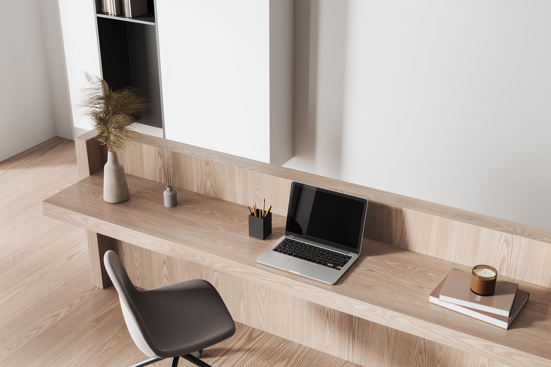 Minimalist home office setup with wooden desk and modern chair. 3D Rendering